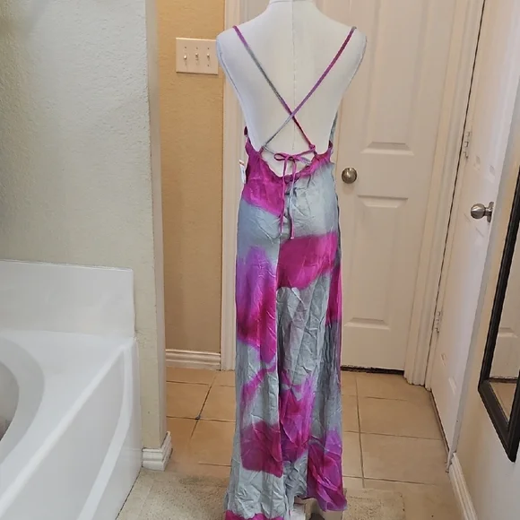 Topshop Vibrant Pink and Gray Cowl Neck Satin Maxi Dress Size 6 - Picture 10 of 11